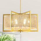 Gold Square Frame 6-Light Chandelier with Linen Shade