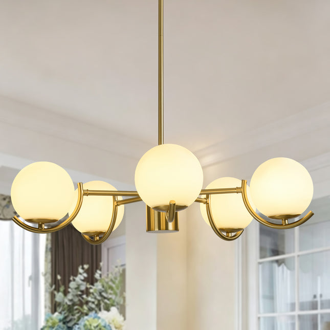 5-Light Brushed Brass Convertible Globe Ceiling Light with Milk Glass