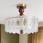 5-Light Antique Brass Wood Ball & Etched Glass Ceiling Light
