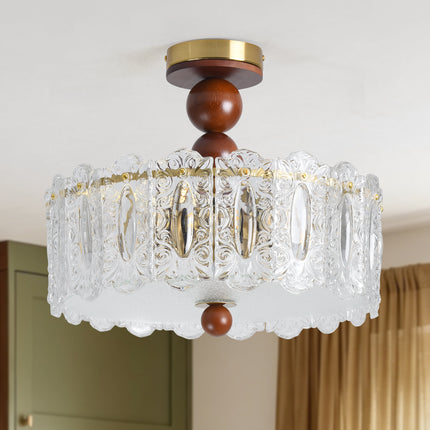 5-Light Antique Brass Wood Ball & Etched Glass Ceiling Light
