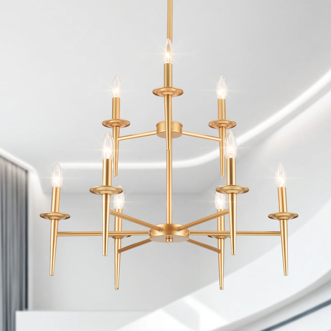9-Light 2-Tier Matte Gold Candle Chandelier