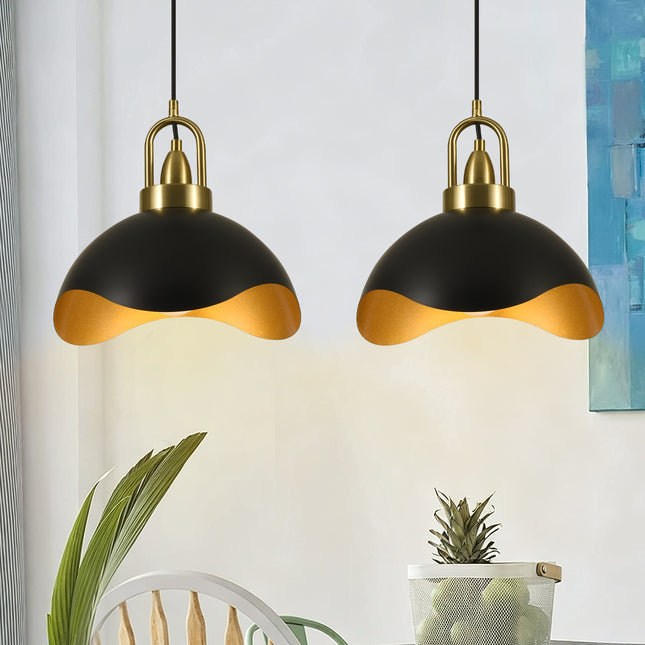 2-Pack 11.8" Matte Black & Brass Wavy Dome Pendant Lights