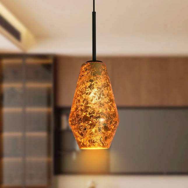 1-Light Matte Black & Gold Foil Glass Pendant