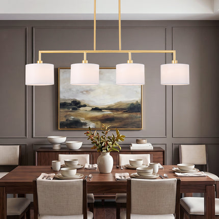 4-Light Matte Gold Island Light with White Drum Fabric Shades