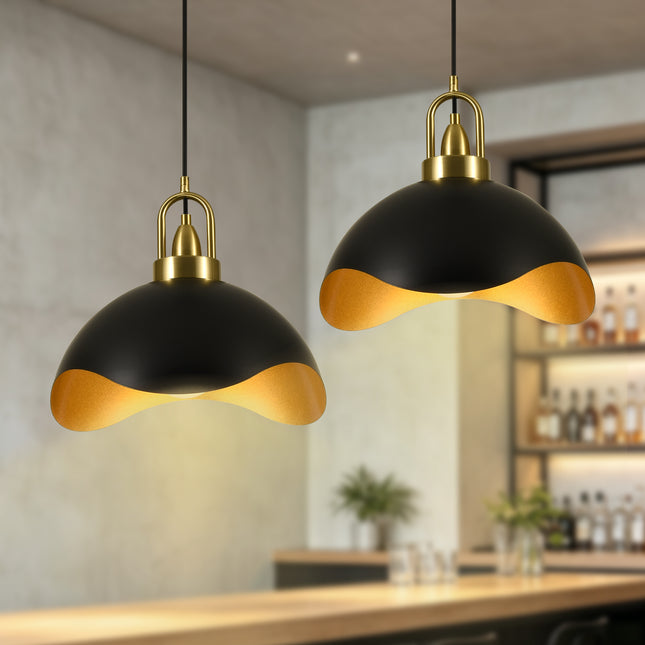 2-Pack 15.75" Matte Black & Brass Wavy Dome Pendant Lights