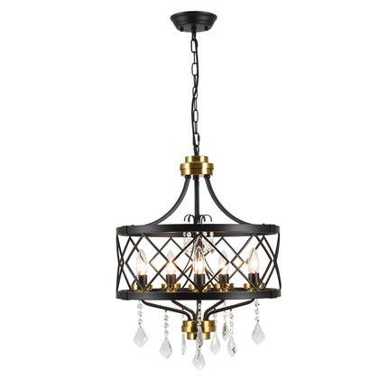 5-Light Matte Black & Antique Brass Diamond Crystal Chandelier