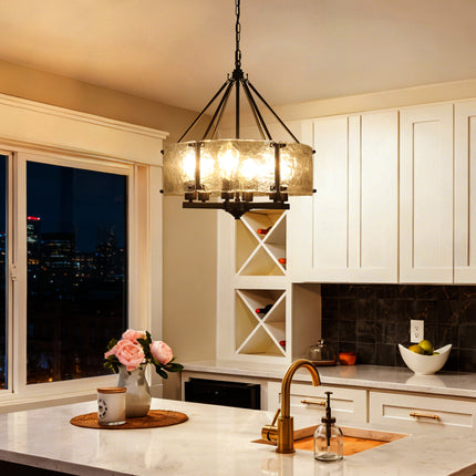 6-Light Matte Black Textured Glass Drum Chandelier