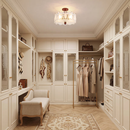5-Light Brass Wood & Oval Ruffled Glass Ceiling Light