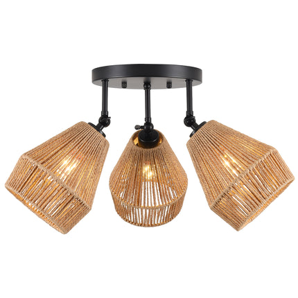 3-Light Matte Gold Adjustable Rattan Ceiling Light