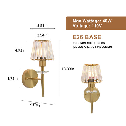 Set of 2 Brushed Brass 1-Light Fluted Glass Wall Sconces