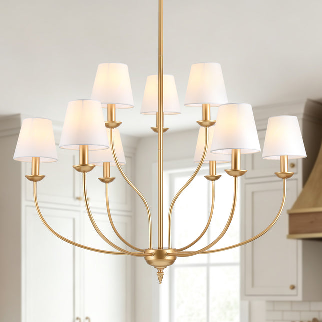 9-Light 2-Tier Brushed Brass Candle Chandelier with Linen Shades