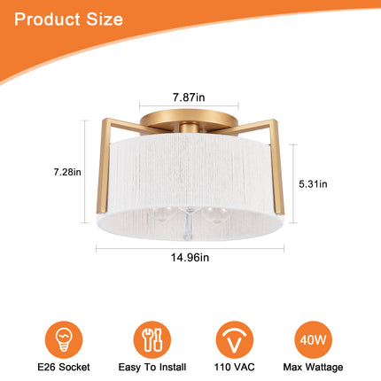 Matte Gold 3-Bulb Cotton Drum Flush Mount Lighting