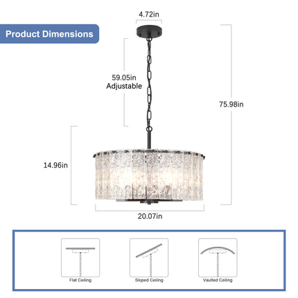 5-Light Black Textured Glass Drum Chandelier