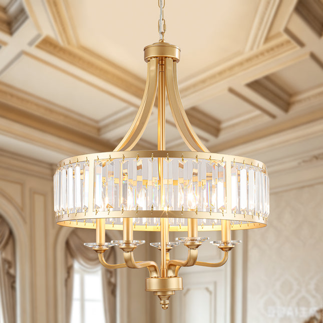 5-Light Brushed Brass Candle Chandelier with Crystal Rod Shades
