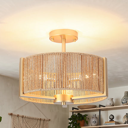 Rustic Black 3-Bulb Rattan Drum Ceiling Light