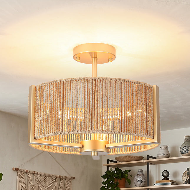 Rustic Black 3-Bulb Rattan Drum Ceiling Light