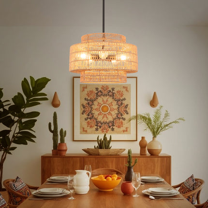 3-Light -Brown & Black Tiered Woven Paper Pendant Light