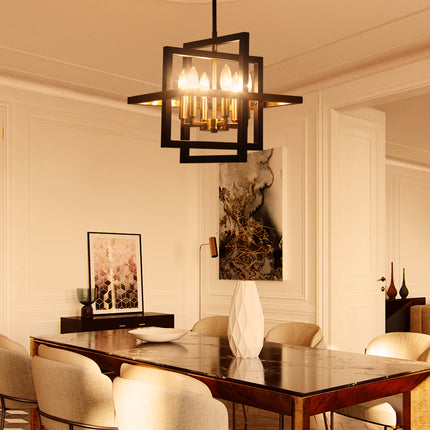 Geometric Black and Brass 6-Light Frame Pendant Light