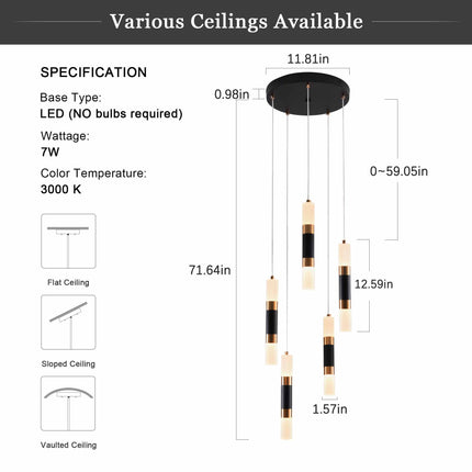 Modern 5-Light LED Cylinder Pendant Light