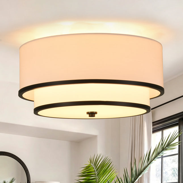 3-Light Black Double Drum Flush Mount Ceiling Light