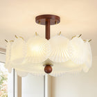 5-Light Brass Wood & Frosted Shell Glass Ceiling Light