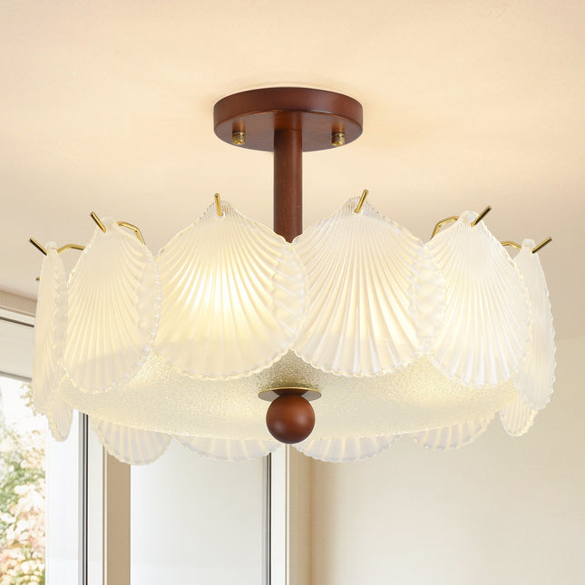 5-Light Brass Wood & Frosted Shell Glass Ceiling Light