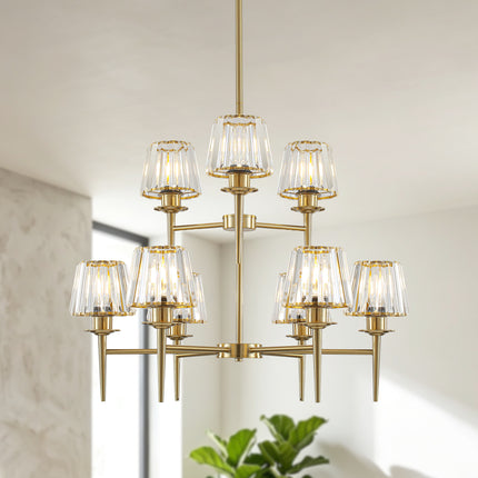 9-Light 2-Tier Brass Chandelier with Fluted Cone Glass
