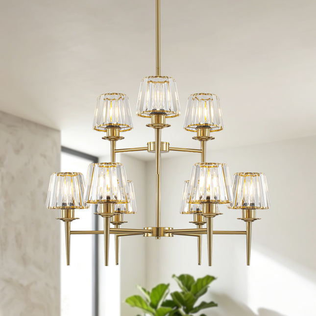 9-Light 2-Tier Brass Chandelier with Fluted Cone Glass