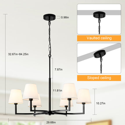6-Light Black Chandelier with White Fabric Shades