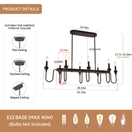 8-Light Matte Black Linear Island Chandelier