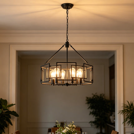 Large 6-Light Black Geometric Iron Chandelier