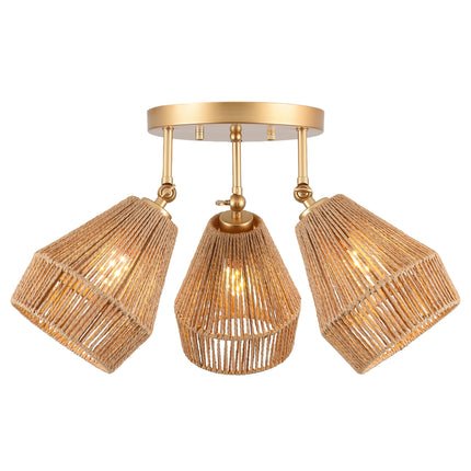 3-Light Matte Gold Adjustable Rattan Ceiling Light
