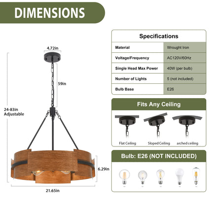 5-Light Black & Rustic Brown Iron Chandelier