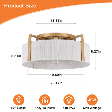 Matte Gold 4-Bulb Cotton Drum Flush Mount Lighting