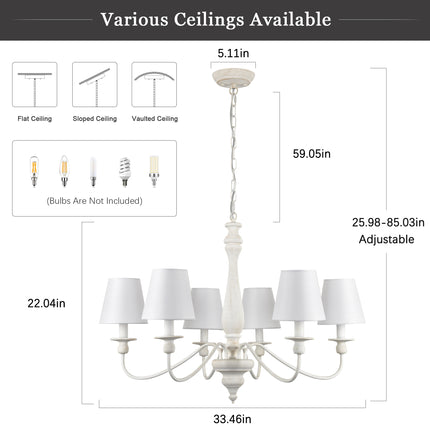 6-Light Antique White Wood Farmhouse Chandelier with Fabric Shades