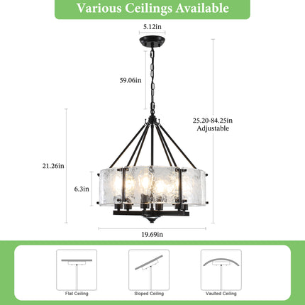 6-Light Matte Black Textured Glass Drum Chandelier
