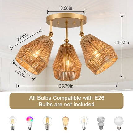3-Light Matte Gold Adjustable Rattan Ceiling Light