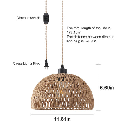Pendant Light Dome Minimalist - Brown Rope Dimmer Plug-in