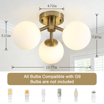 3-Light Gold Milk Glass Globe Semi Flush Mount
