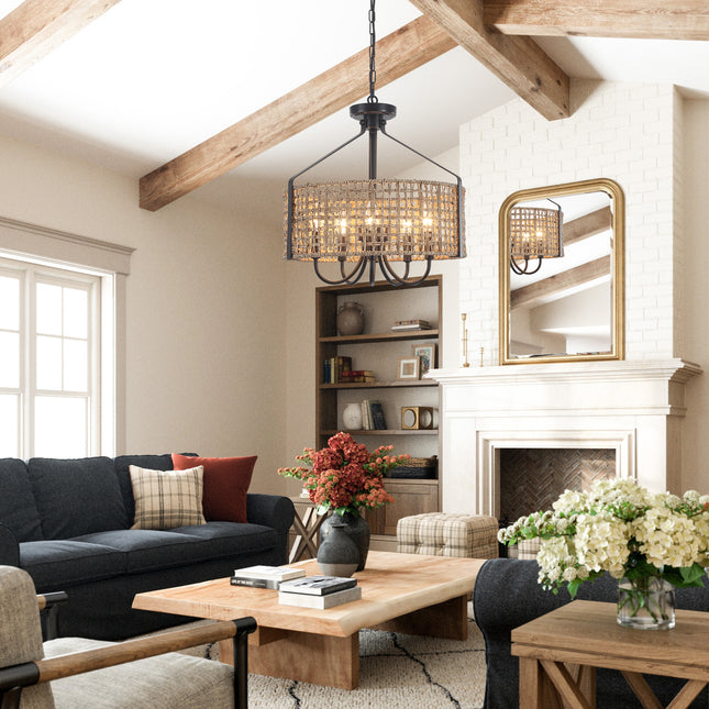 5-Light Woven Seagrass Drum Chandelier
