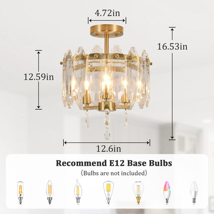 3-Light Matte Black Crystal Flush Mount Ceiling