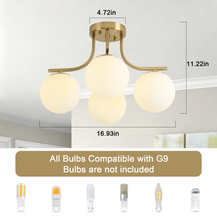 4-Light Brushed Brass Milk Glass Globe Semi Flush Mount