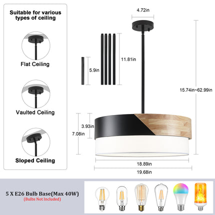 5-Light-Nordic Wood & Black Drum Chandelier