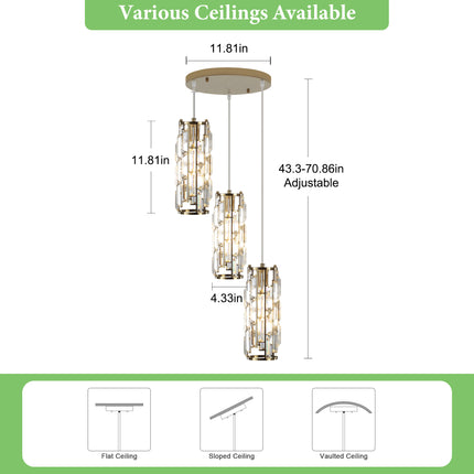 Tiered 3-Light Gold Crystal Pendant