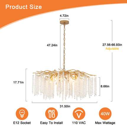 12-Light Matte Gold Crystal Branch Chandelier
