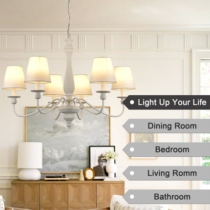 6-Light Antique White Wood Farmhouse Chandelier with Fabric Shades