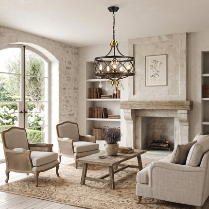 5-Light Matte Black & Antique Brass Diamond Crystal Chandelier