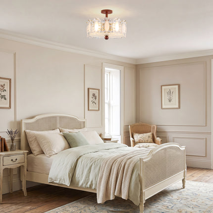 5-Light Brass Wood & Oval Ruffled Glass Ceiling Light
