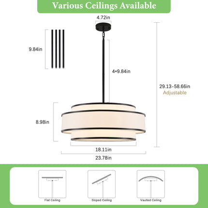 3-Light Matte Black Fabric Shade Chandelier