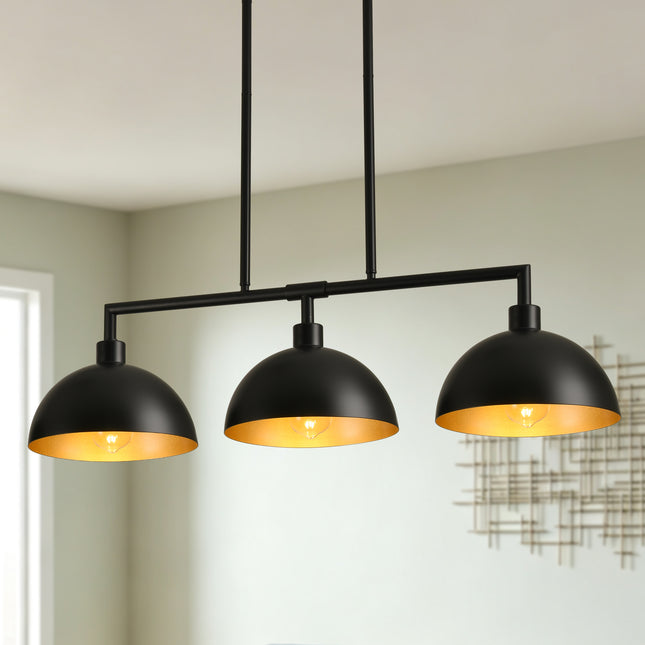3-Light Matte Black Linear Dome Pendant with Gold Interior